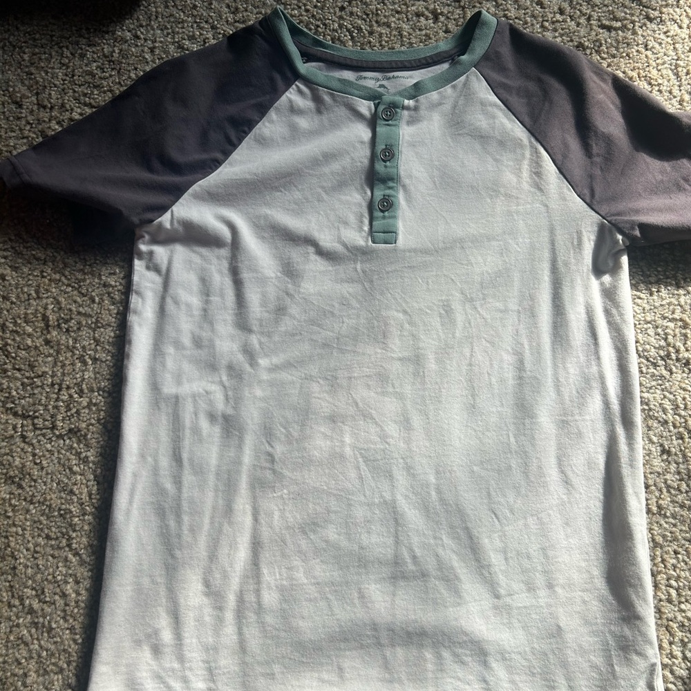 Tommy Bahama White Tee with Sage Trim and Charcoal Neckband
